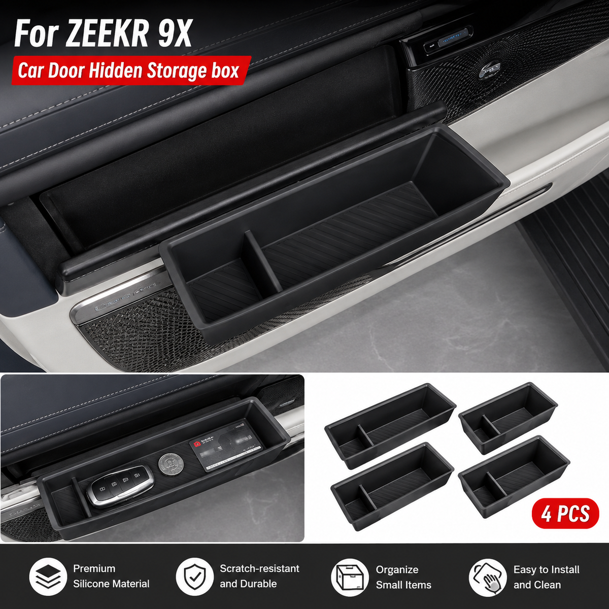 4PCS Car Door Hidden Storage Boxes for ZEEKR 9X 2025–2026, Interior Door Pocket Organizer, Car Storage Tray Accessories