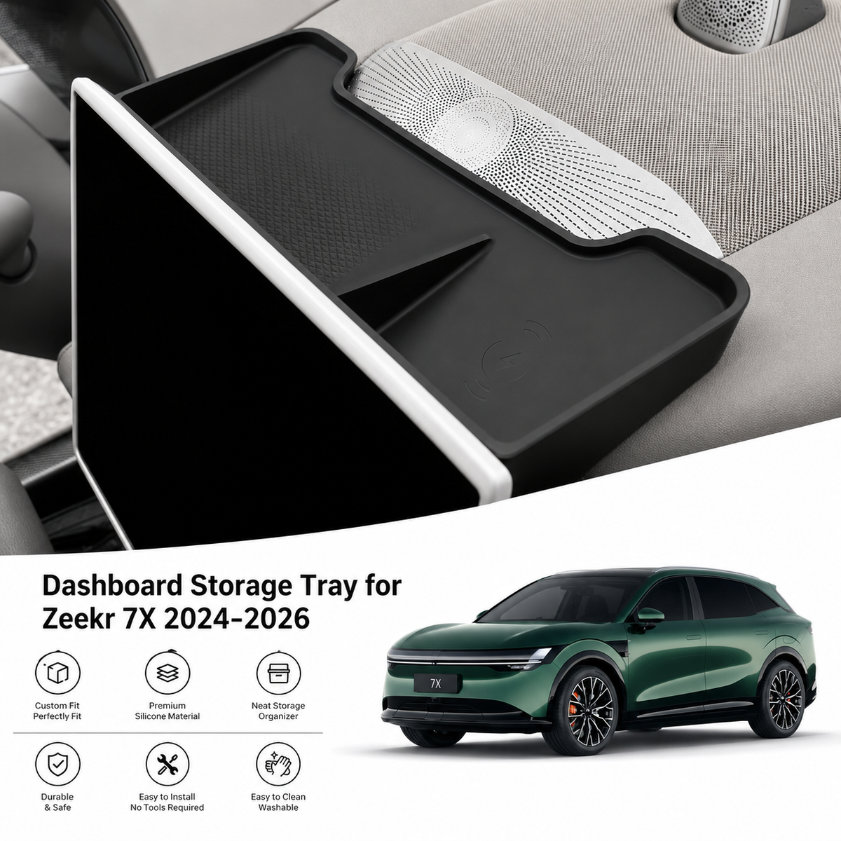 ZEEKR 7X 2024–2026 Silicone Dashboard Storage Box, Screen Rear Organizer Tray, Black Interior Accessory