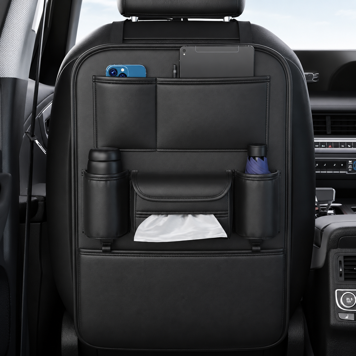 Multifunctional Car Seat Back Storage Organizer with Anti-Kick Protector – Large Capacity Backseat Storage Bag