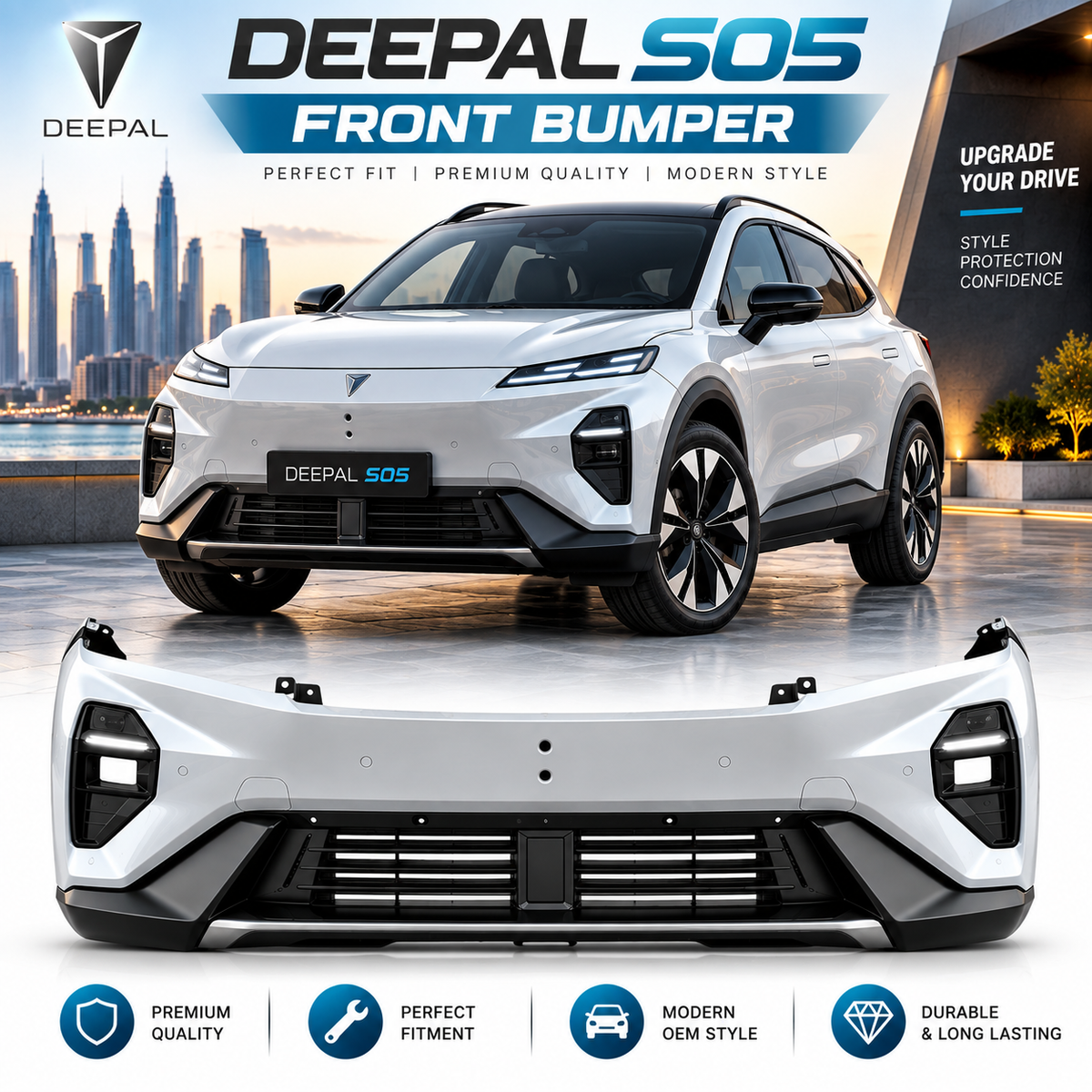 DEEPAL S05 Front Bumper Cover, Sporty Modern Fascia Replacement with Lower Grille & Sensor Openings for S05 SUV