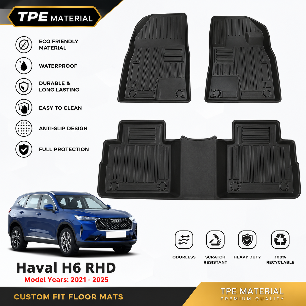 3PCS TPE Car Floor Mats Front & Rear Custom Fit for Haval H6 RHD 2021-2025